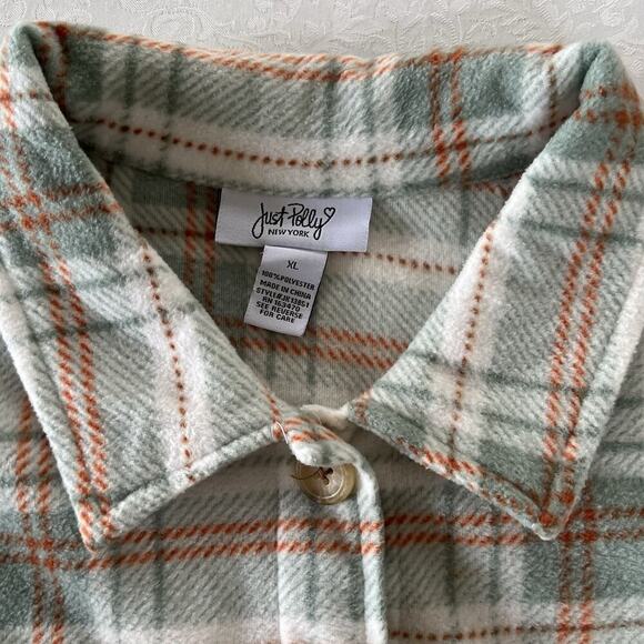 Just Polly Fleece Shirt Women's Cropped XL Plaid Button Up Long Sleeve - Picture 3 of 7